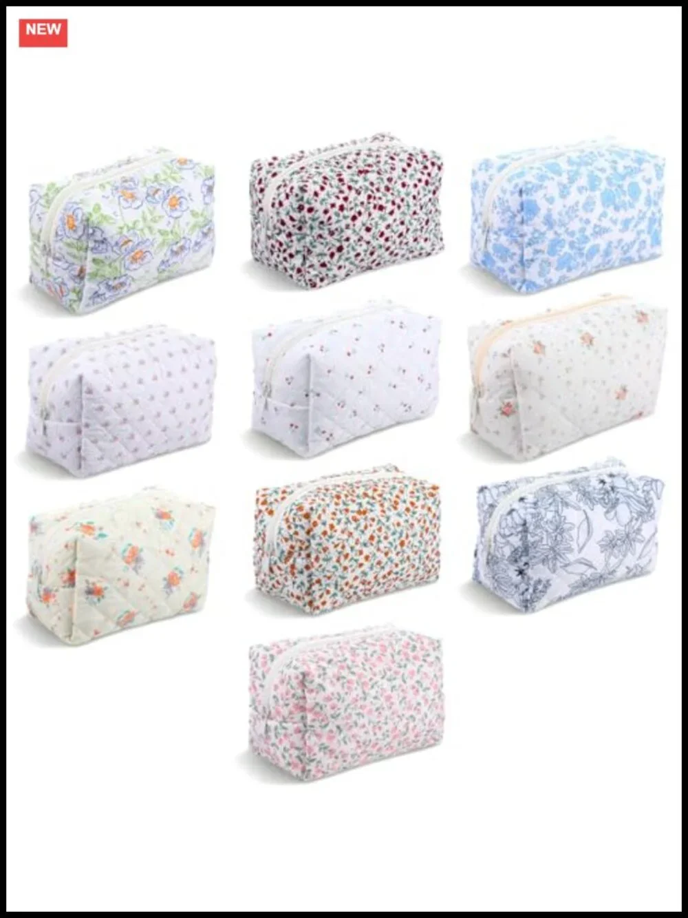 Floral Quilted Cosmetic Bag Set of 10, Cotton Travel Toiletry Organizer with